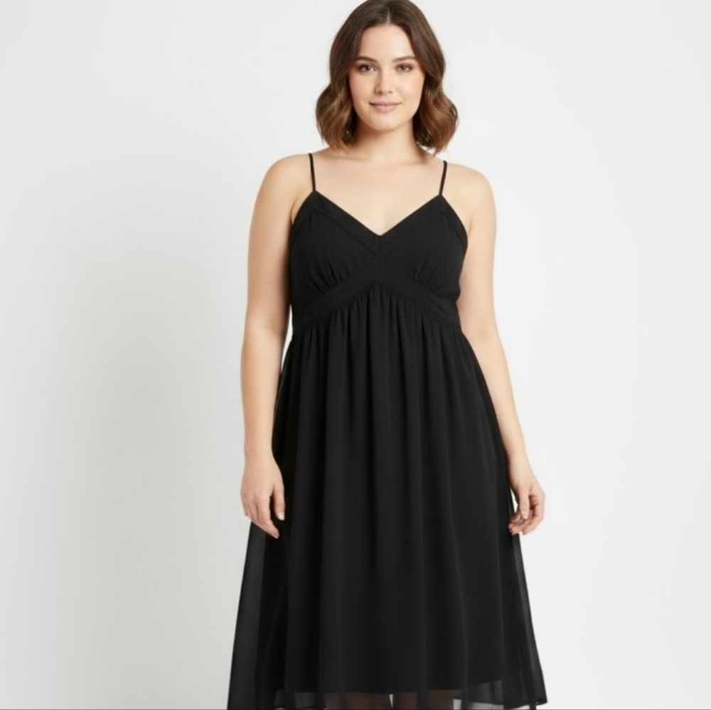 LOFT Women's Plus Size 16 Black Spaghetti Strap Midi Chiffon Dress NWT‎